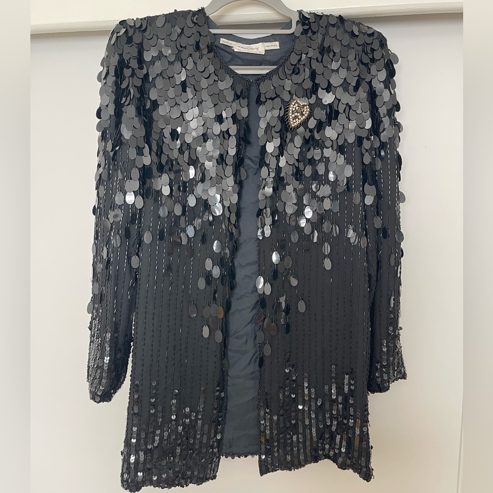 Vintage 70s Oleg Cassini Black Silk Beaded & Paillette Formal Jacket - Picture 3 of 7